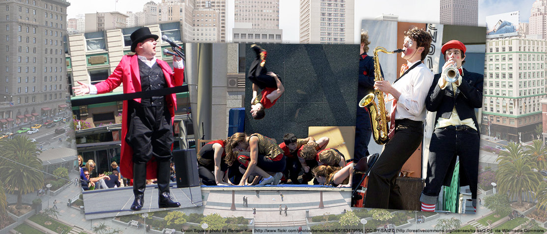 Photo of Picklewater performers and San Francisco's Union Square