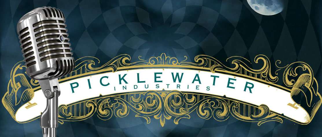 Photo of a microphone in front of the Picklewater Industries Logo